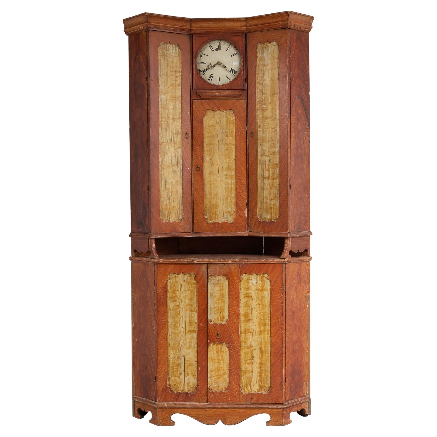 Early 19th Century Swedish Country Corner Clock Bureau Cabinet