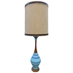 Fabulous Tall Striped Turquoise Blue Ceramic Lamp Walnut Mid-Century Modern