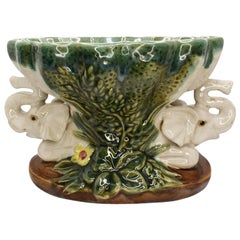 Glazed Ceramic Majolica Lucky Elephant Key Dish with Green Botanical Motif