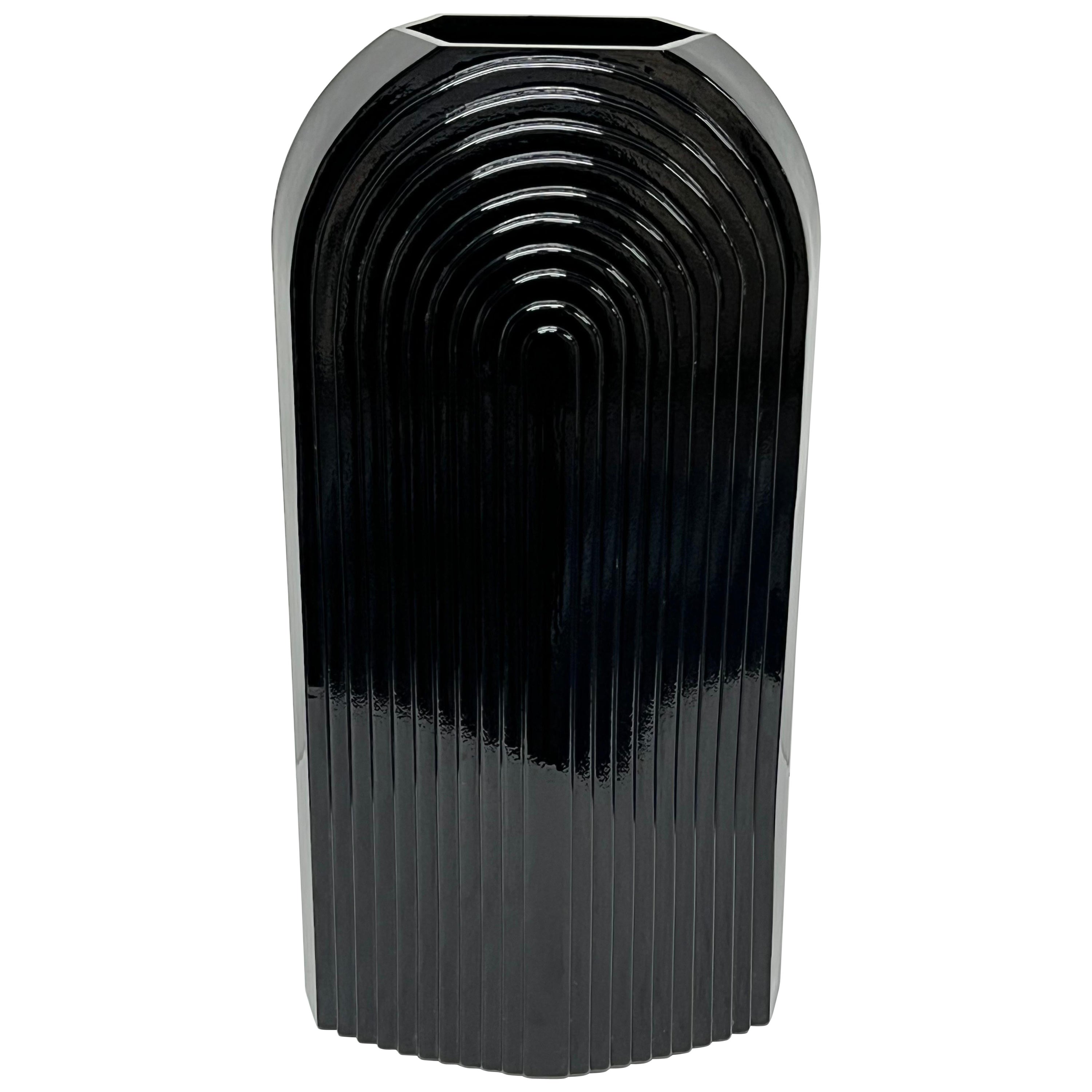 Art Deco Revival Large Fluted Black Ceramic Vase, 1980s