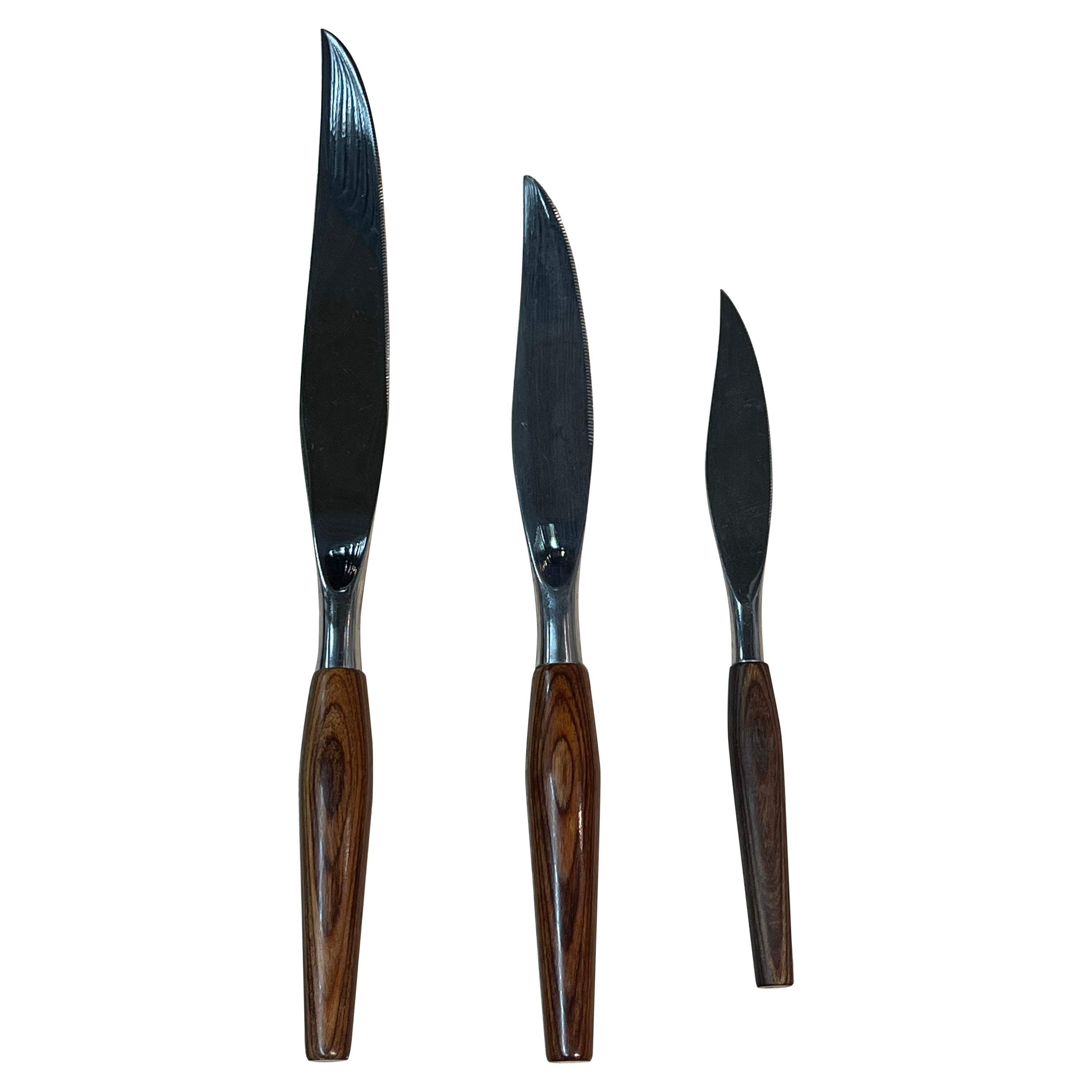 Ensemble de trois couteaux danois mode en bois de rose et acier inoxydable de Sheffield