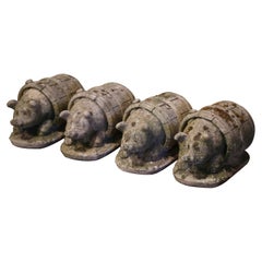 19th Century French Weathered Concrete Pig Sculptures in Barrels, Set of 4