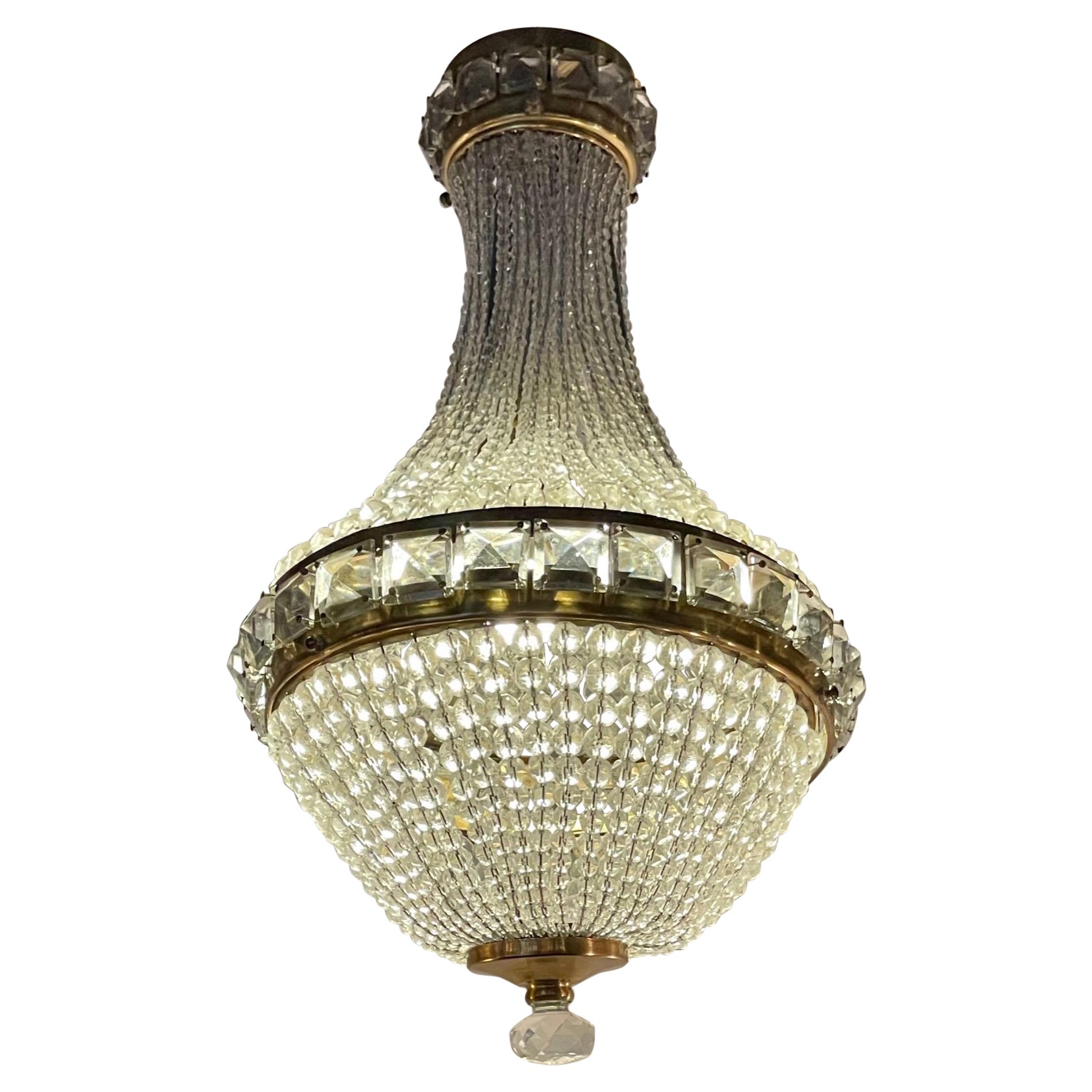 Italian Mid Century Beaded Crystal and Brass Pendant Light For Sale