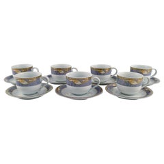 Vintage Seven Royal Copenhagen Gray Magnolia Coffee Cups with Saucers in Porcelain
