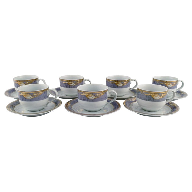 Seven Royal Copenhagen Gray Magnolia Coffee Cups with Saucers in Porcelain  For Sale at 1stDibs