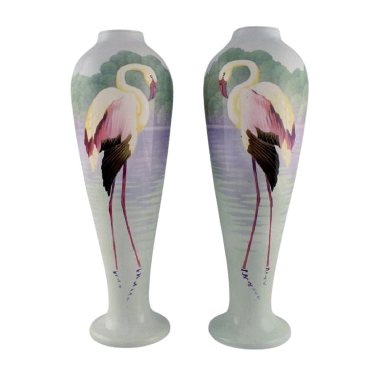 Pair of Large Faience Vases with Hand-Painted Flamingos, 1930s For Sale