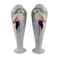 Pair of Large Faience Vases with Hand-Painted Flamingos, 1930s