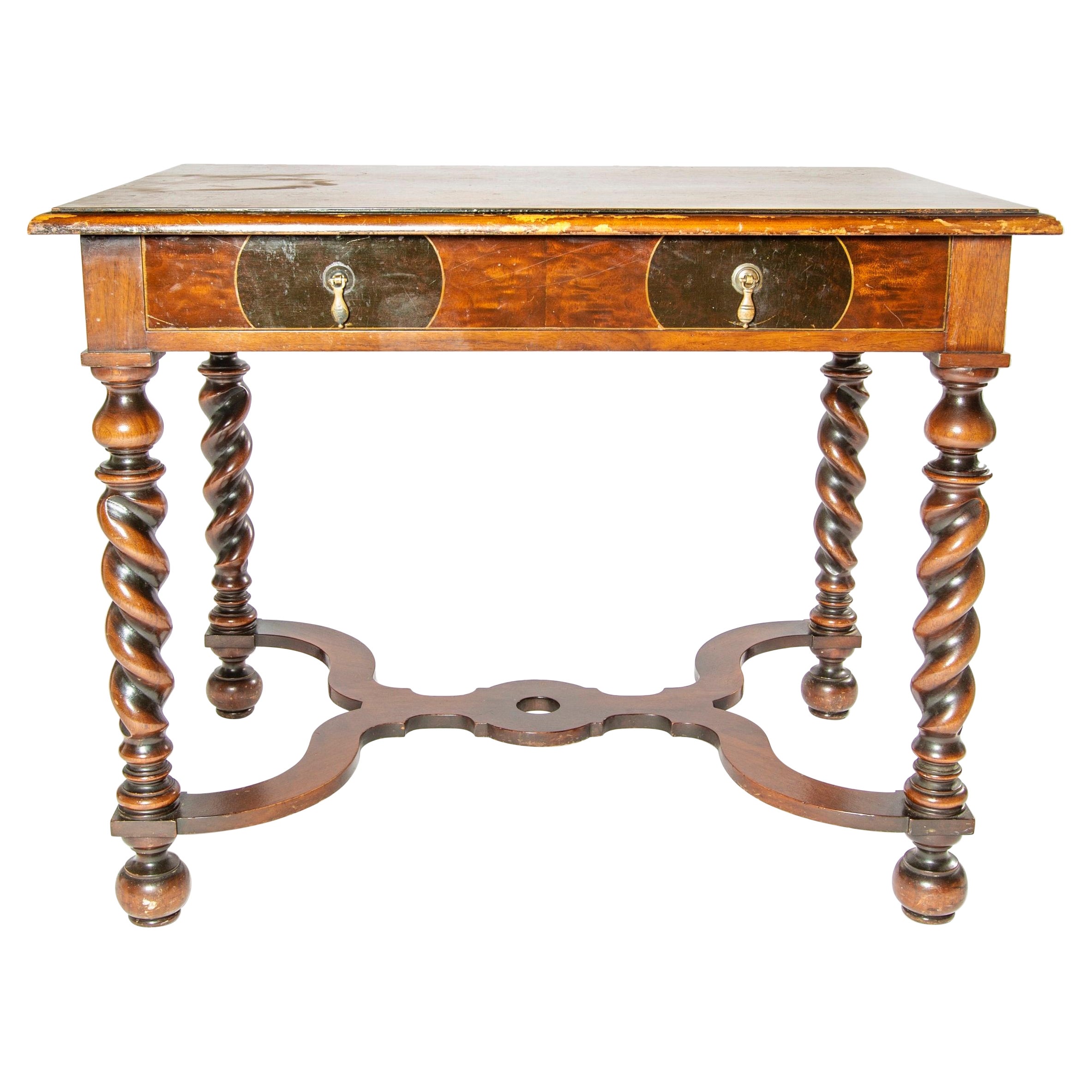 Barley Twist End or Side Table with Exquisite Inlay Marquetry Top and Drawer For Sale