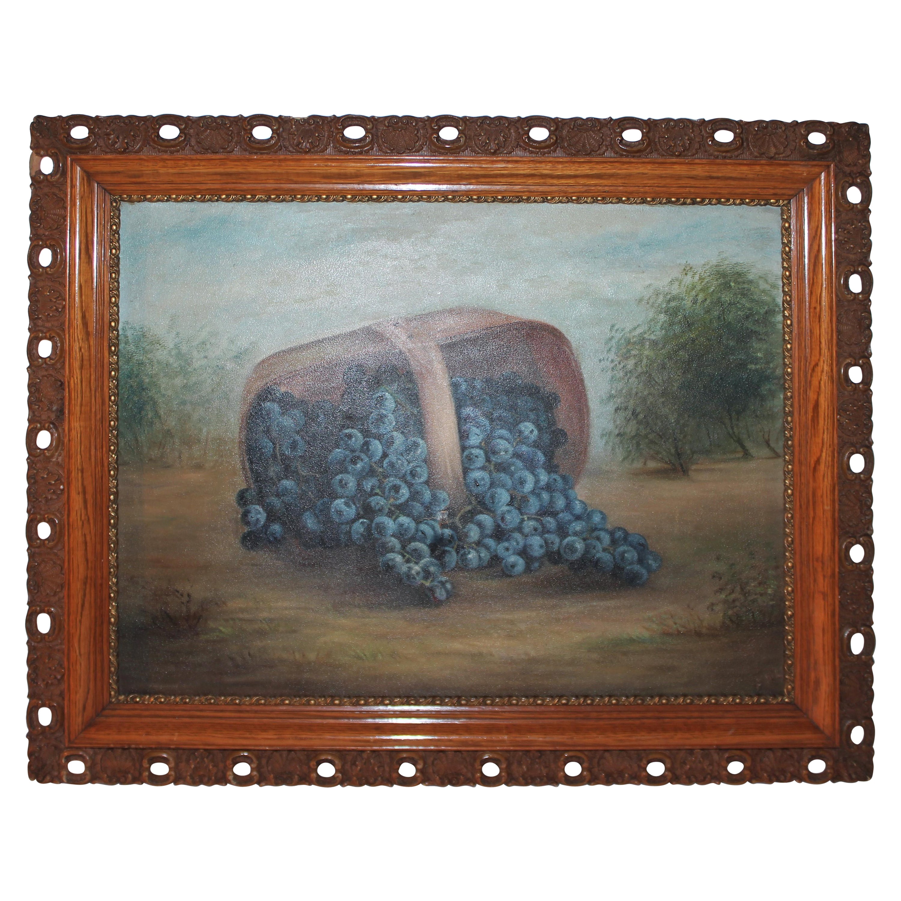 Peinture à l'huile du 19ème siècle - Panier de raisins - Cadre d'origine