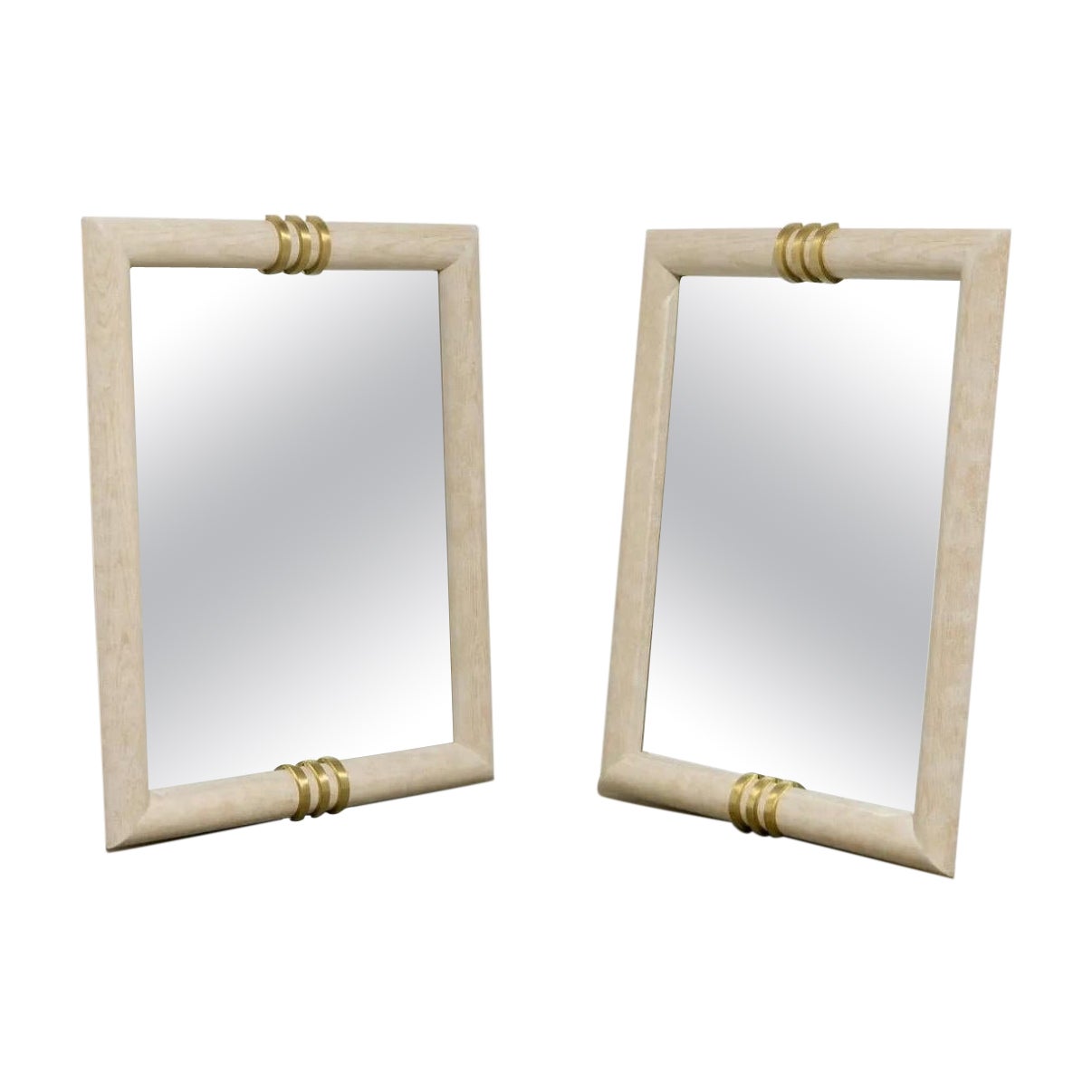 Pair of Large Cerused and Brass Mirrors