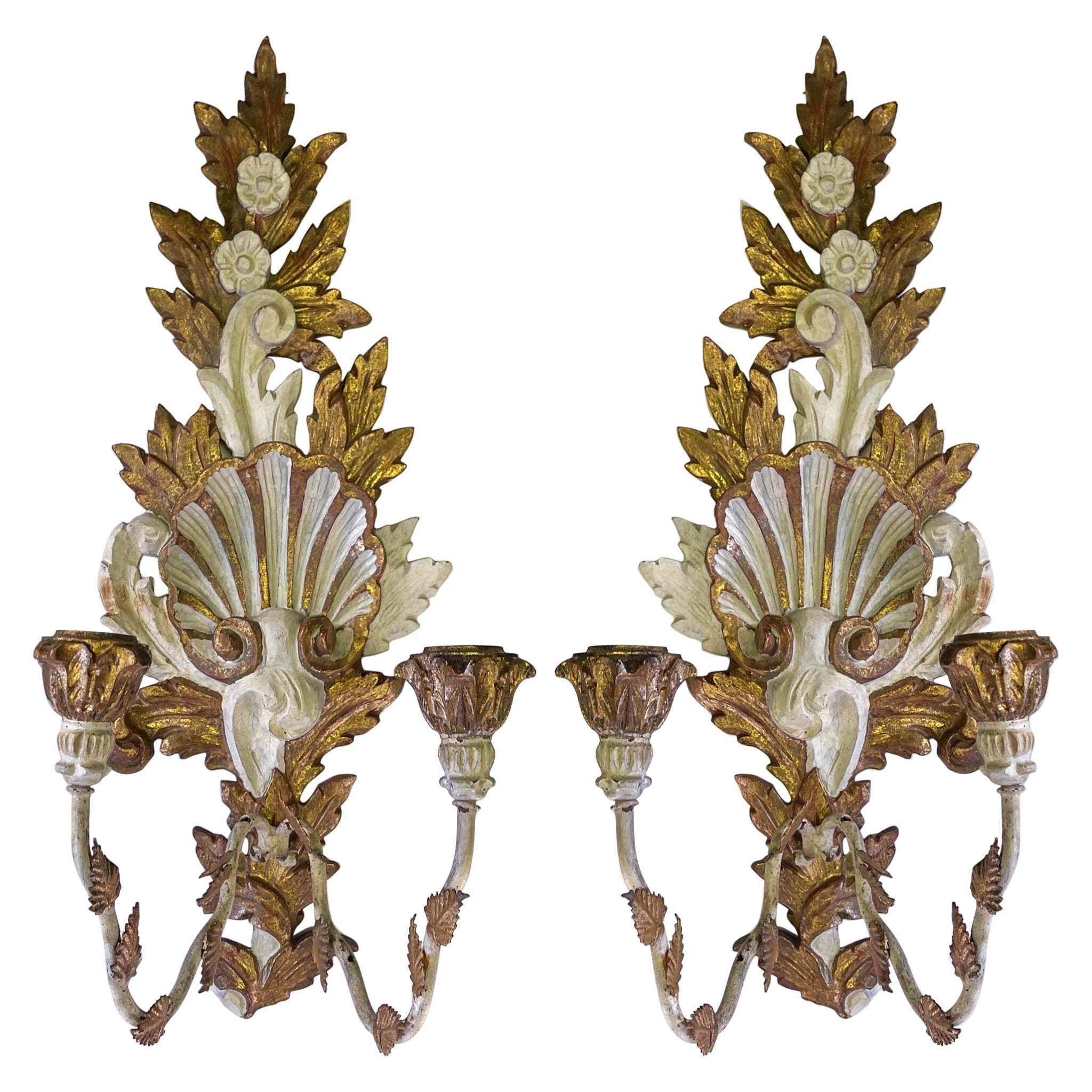 Italian Giltwood And Painted Carved Sconces With Shell And Floral Motif, Pair For Sale