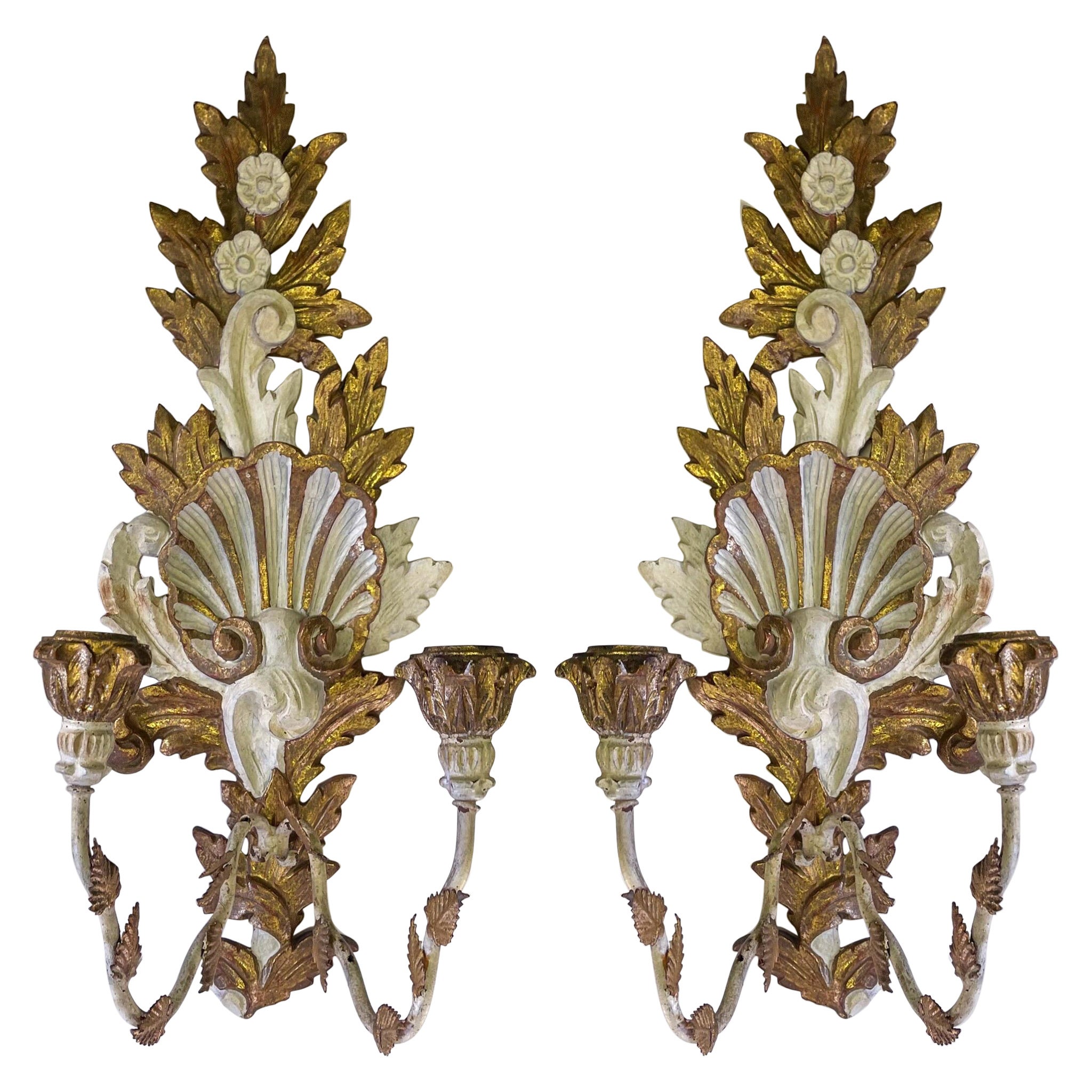 Italian Giltwood And Painted Carved Sconces With Shell And Floral Motif, Pair