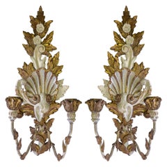 Italian Giltwood And Painted Carved Sconces With Shell And Floral Motif, Pair