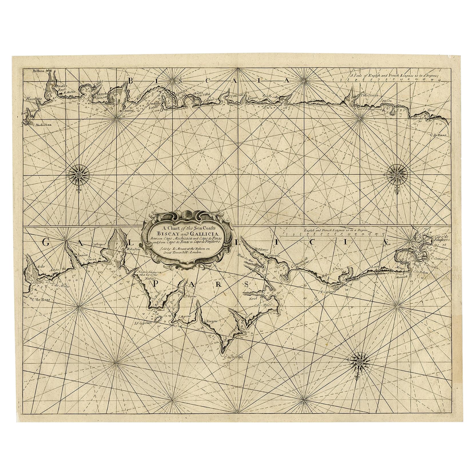 Antique Chart of The Spanish Coastline from Bilbao Eastwards, C.1720 For Sale