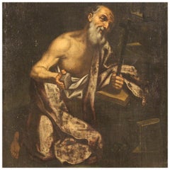 17th Century Oil on Canvas Italian Antique Religious Painting Saint Jerome, 1650