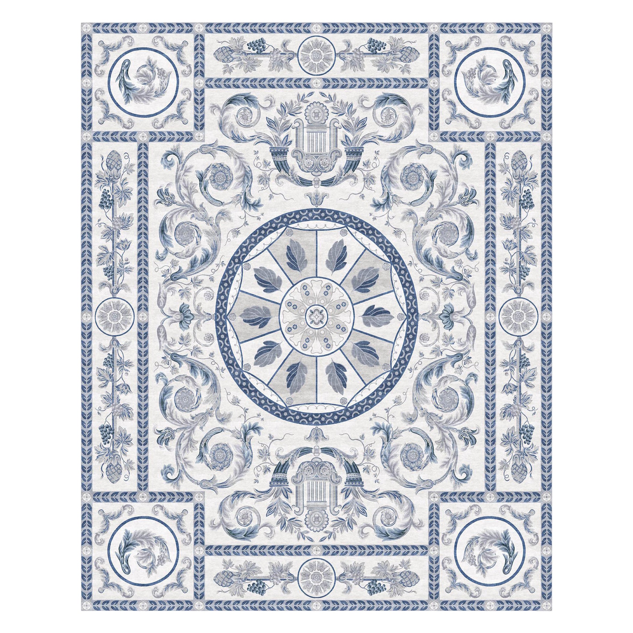 French Floral pattern Modern Classics Rug white blue handmade - Royal Arfa Blue For Sale