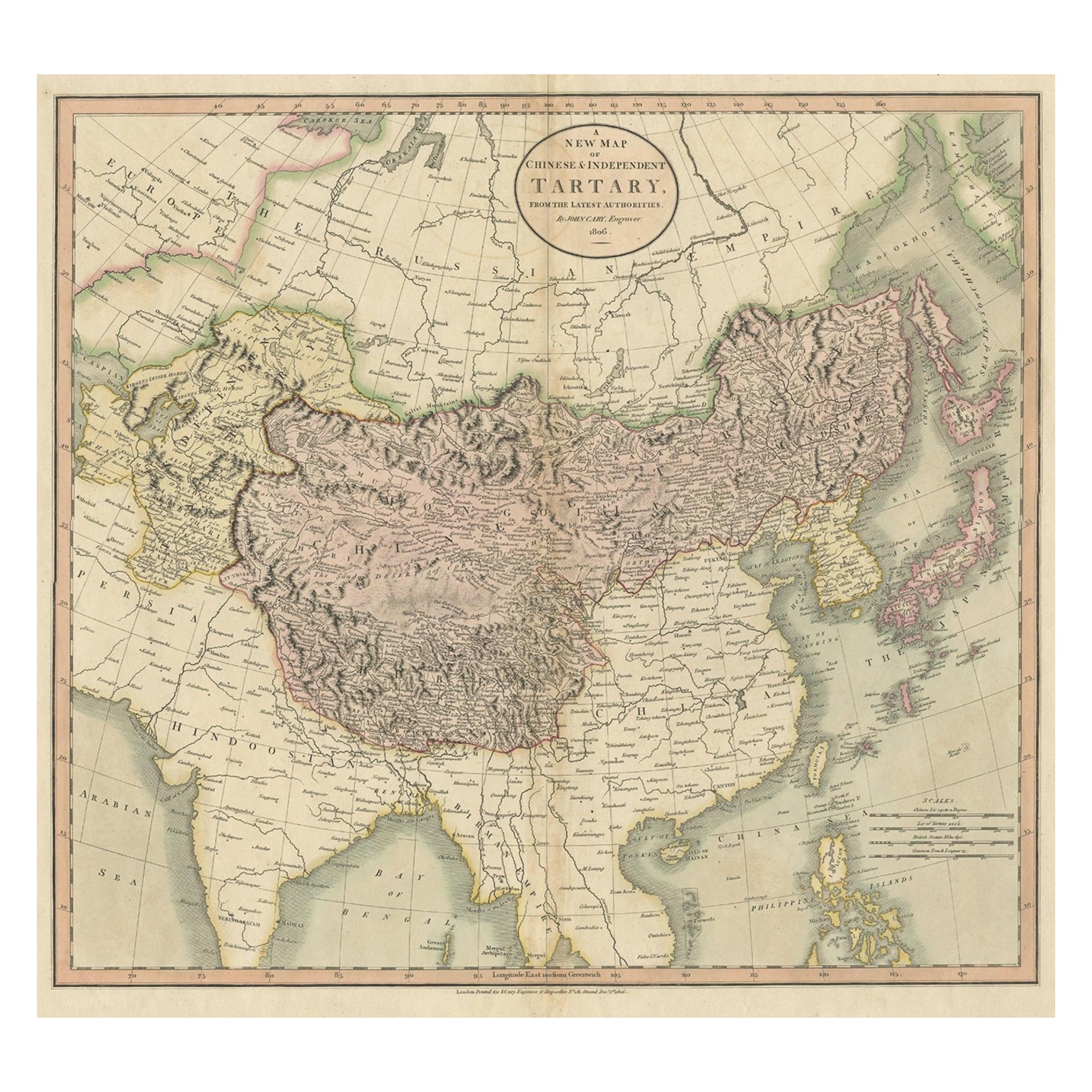 Antique Map of Chinese and Independent Tartary, Korea and Japan, 1806 For Sale