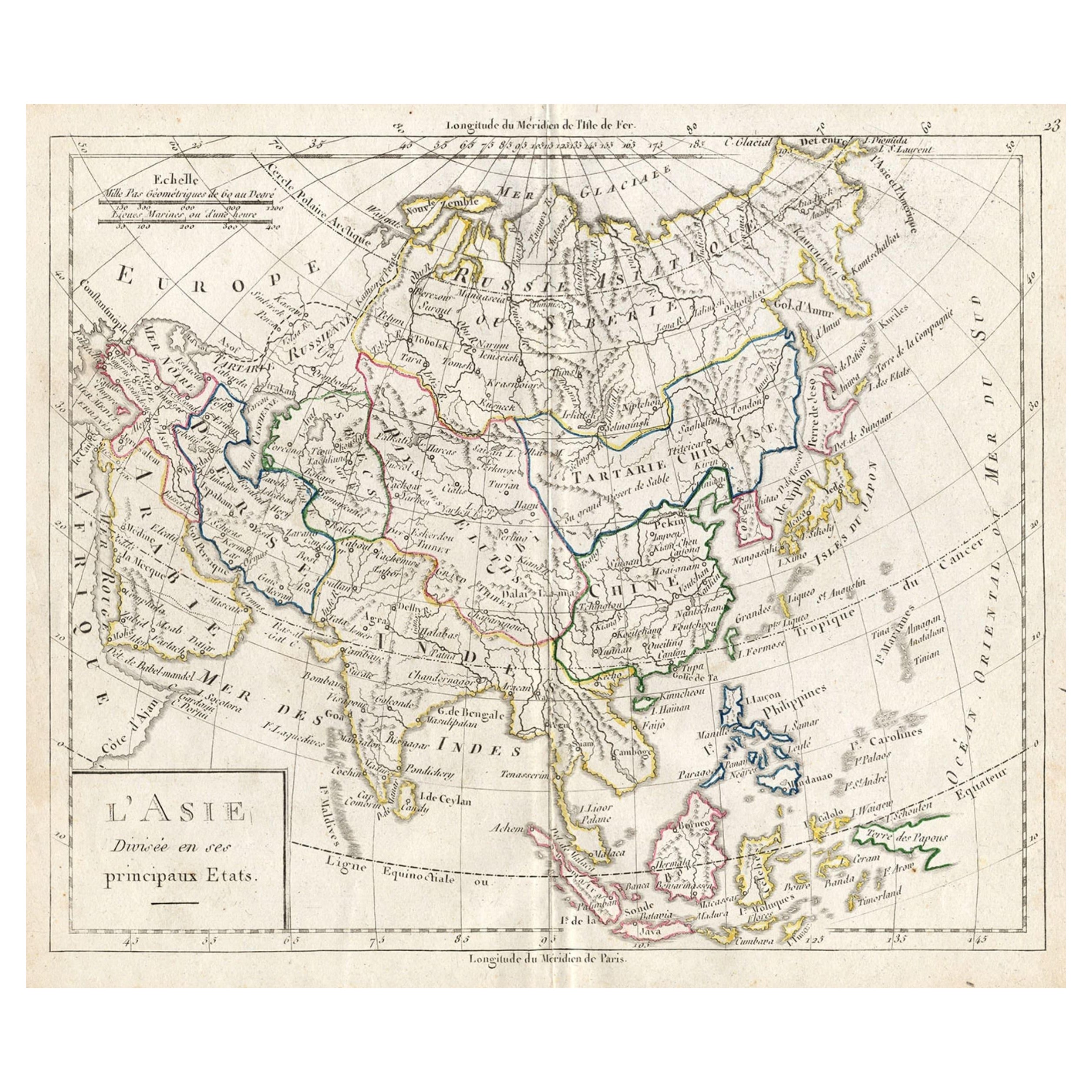 Antique French Map of Asia with Original Border Colouring, c.1785
