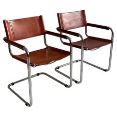 Italian Cantilever Burnt Orange Leather Chairs, Italy 1970