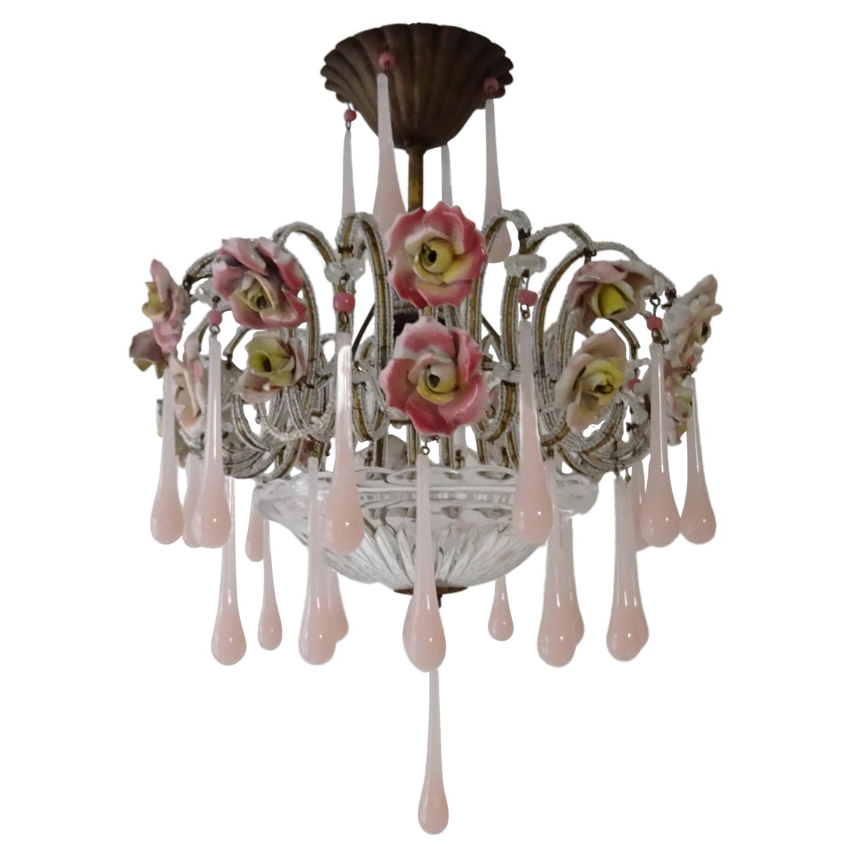 French Beaded Pink Opaline Porcelain Roses Chandelier, circa 1920 For Sale