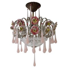 French Beaded Pink Opaline Porcelain Roses Chandelier, circa 1920
