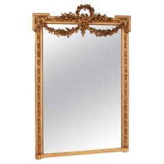 Large Antique Mirror with Gesso Crest, Swags and Ribbon C 1880
