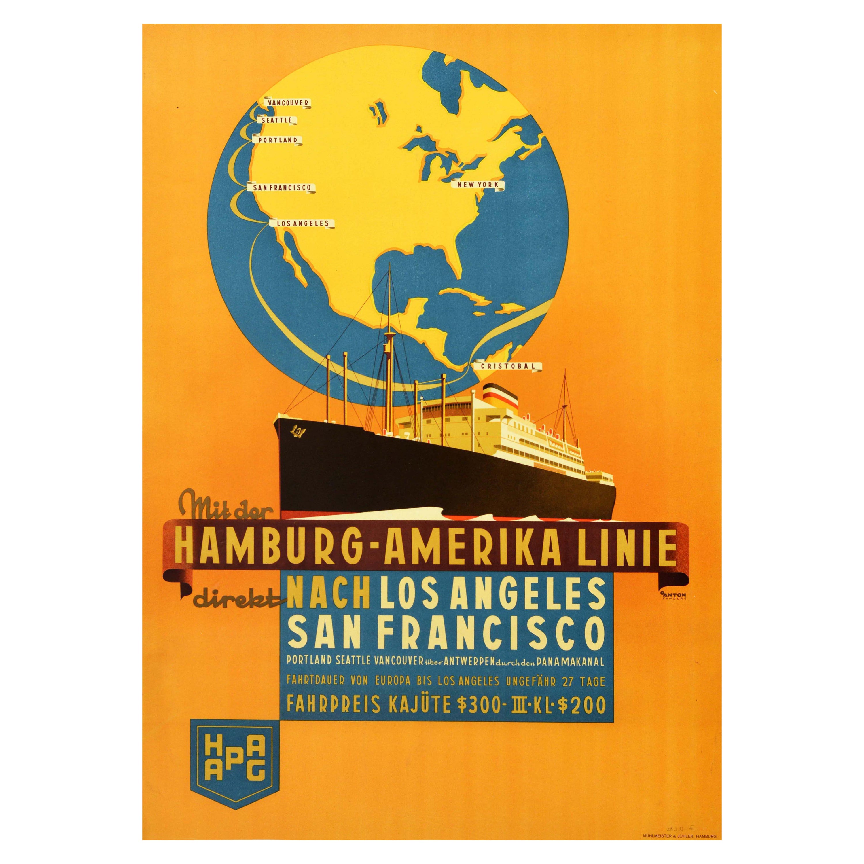 Original Vintage Travel Poster Hamburg America Line To Los Angeles San Francisco