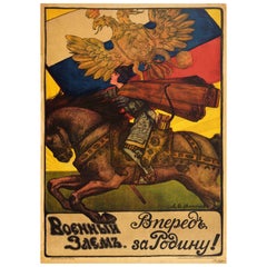 Original Antikes Originalplakat „Onwards For The Motherland Russia“, Kriegsanleihe, WWI-Kavallerie