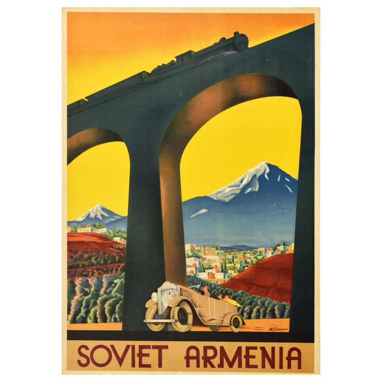 Original Vintage Intourist Poster Soviet Armenia Mountains Art Deco Car Railway For Sale