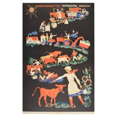 Original Vintage Poster Animal Farming USSR National Care Agriculture Cattle Art