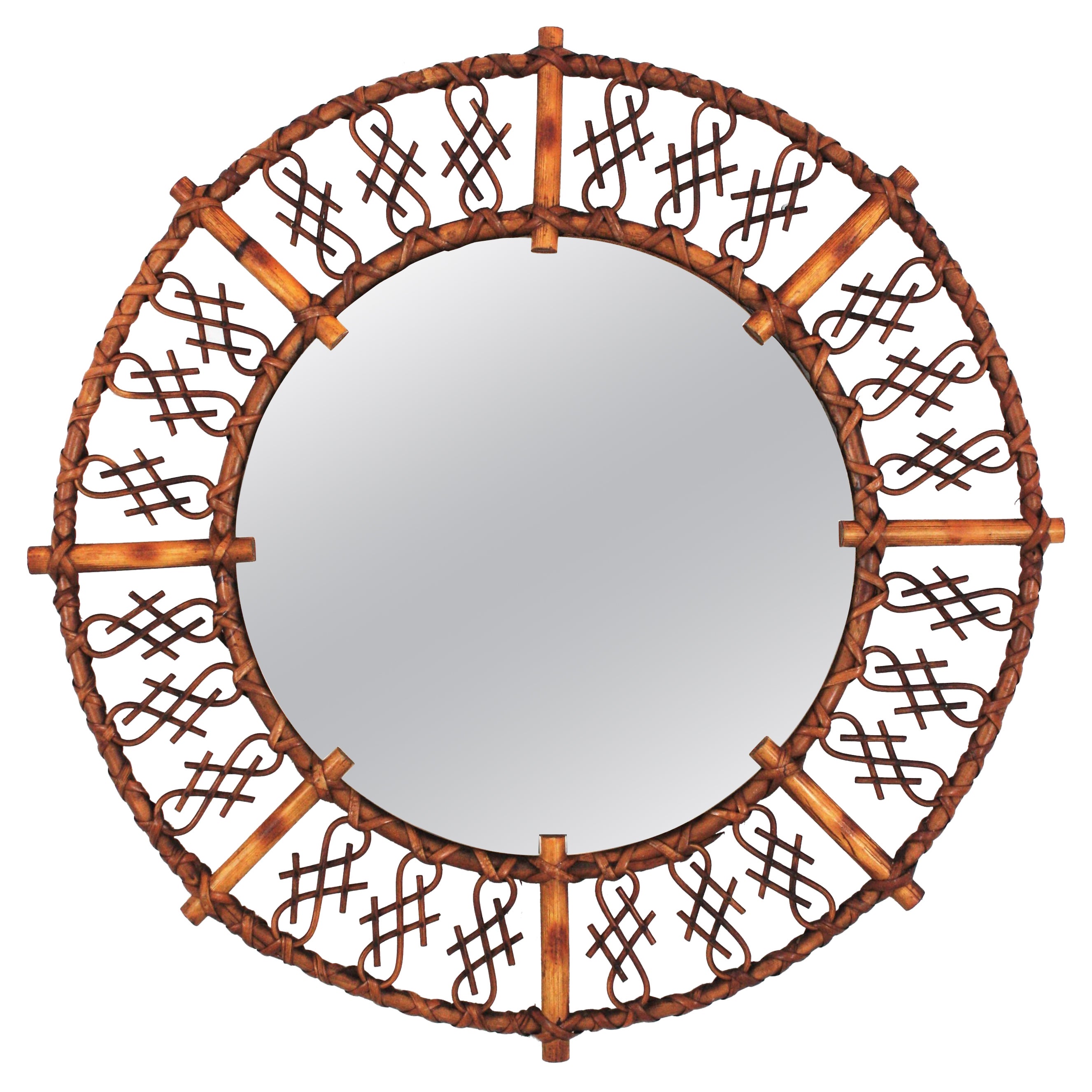 Rattan Bamboo Round Mirror with Chinoiserie Accents, France, 1960s