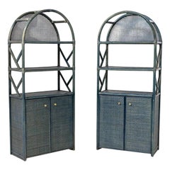 Italian Bookcase in Blue Lacquered Bamboo, Rattan and Brass
