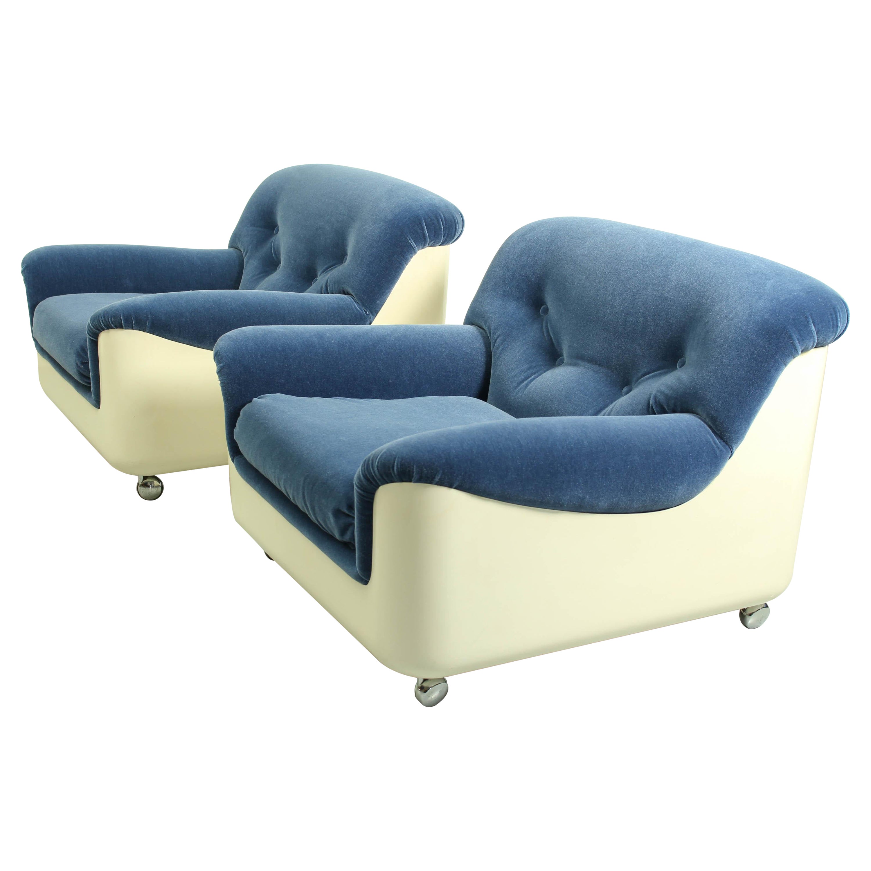 Set of 2 Space Age Fiberglass Lounge Chairs in Blue Mohair, 1970s