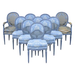 French Louis XVI Style Blue Distress Painted Cane Back Dining Chairs, Set of 10