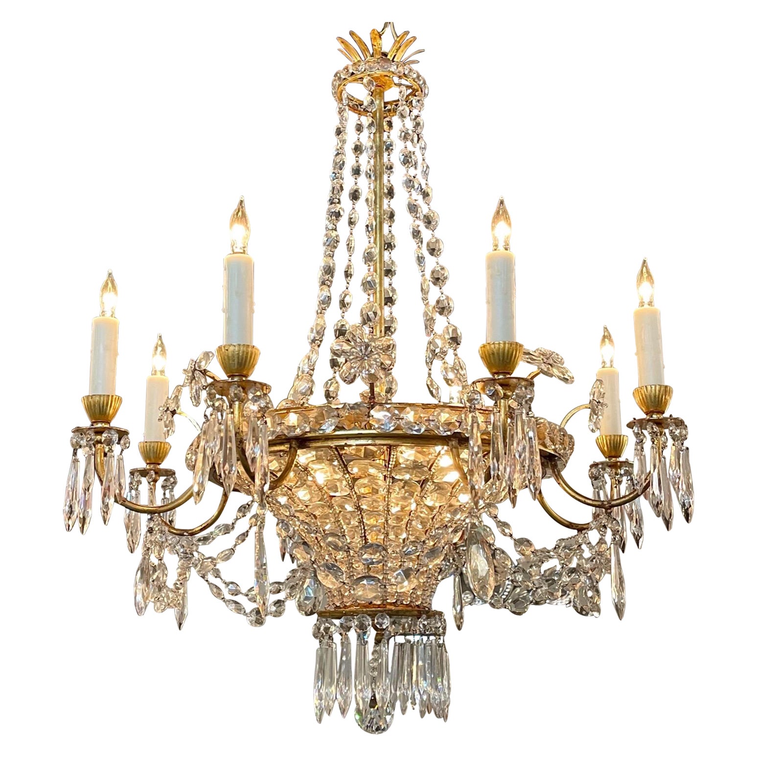 Vintage French Maison Bagues Gilt Bronze and Crystal 8 Arm Chandelier