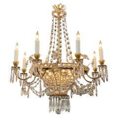 Retro French Maison Bagues Gilt Bronze and Crystal 8 Arm Chandelier