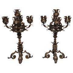 Pair of French Gothic Style Wrought Iron and Tole Candelabras, 1900s