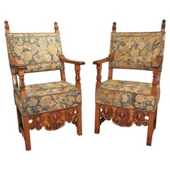Pair of Antique Italian Carved Walnut Armchairs with Needlepoint Upholstery