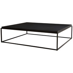Made to Order Recessed Textured Thick Stone Top Coffee Table with Metal Base