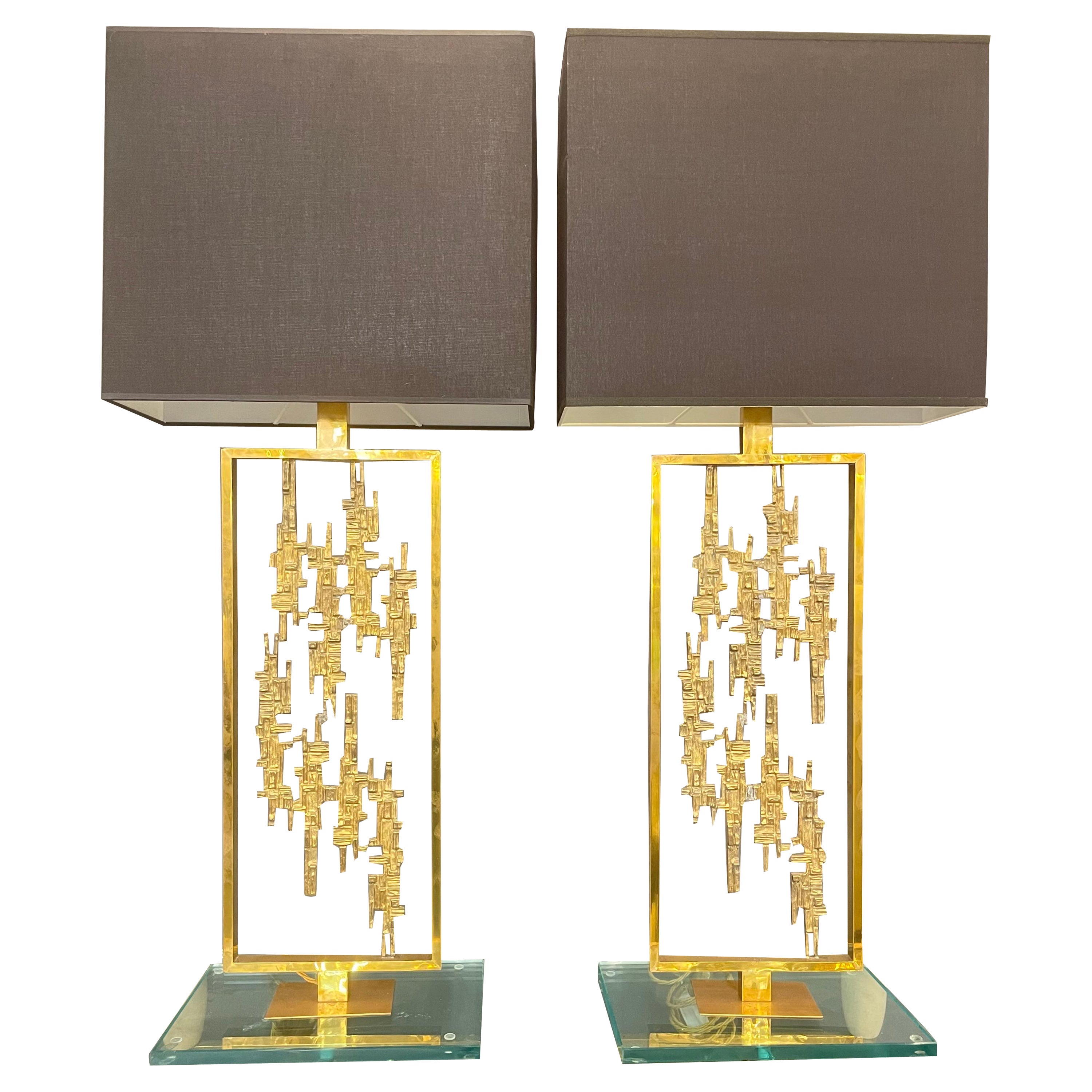 Pair of Table Lamps in Bronze and Brass in the Style of Brotto, circa 1970