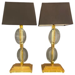 Pair of Italian Table Lamps in Brass and Murano Glass, circa 1970