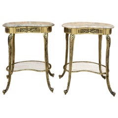 Vintage Louis XVI Style French Nightstands or Side Tables in Bronze with Marble Tops, Se