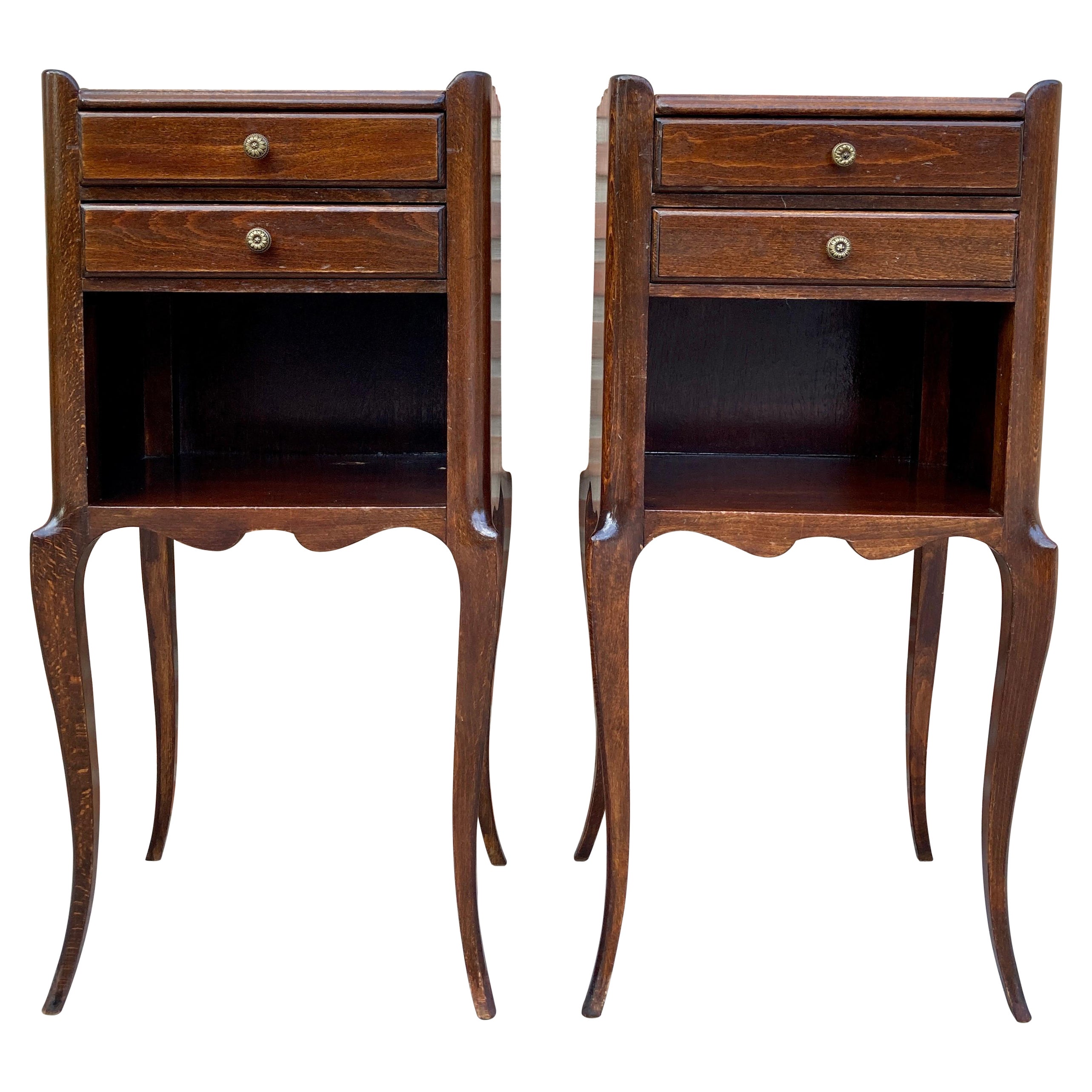 French Oak Nightstands with 2 Drawers, 1890s, Set of 2