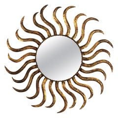 French Sunburst Starburst Mirror in Gilt Iron