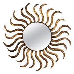 French Sunburst Starburst Mirror in Gilt Iron, 1950s