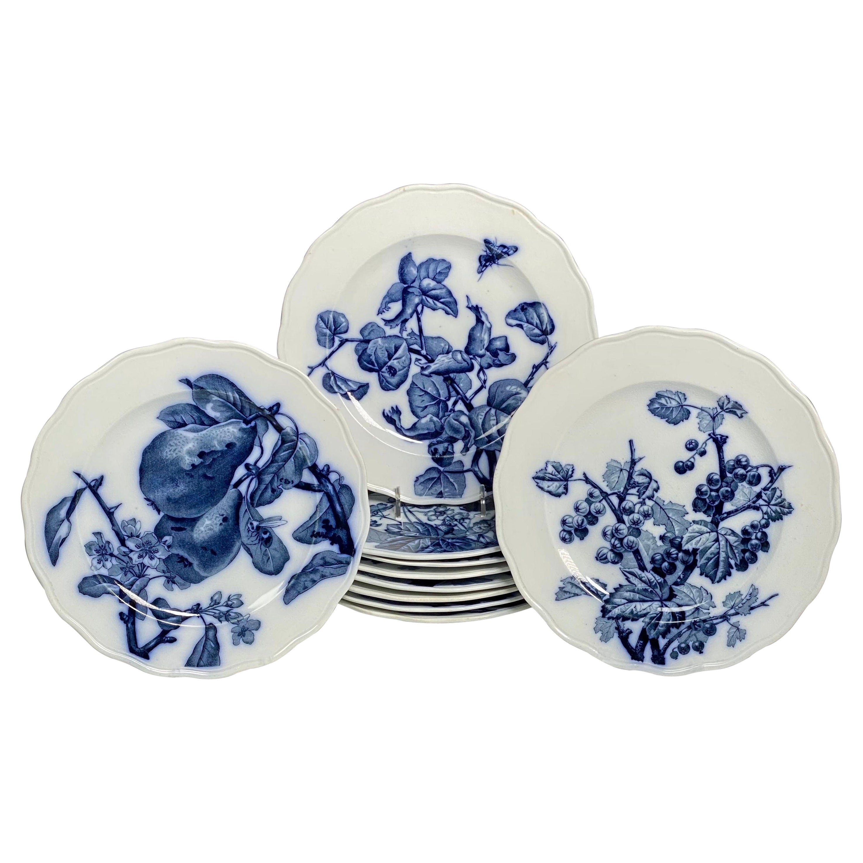 Set of 12 Aesthetic Movement Blue Transfer Fruit Plates Brown, Westhead & Moore  For Sale