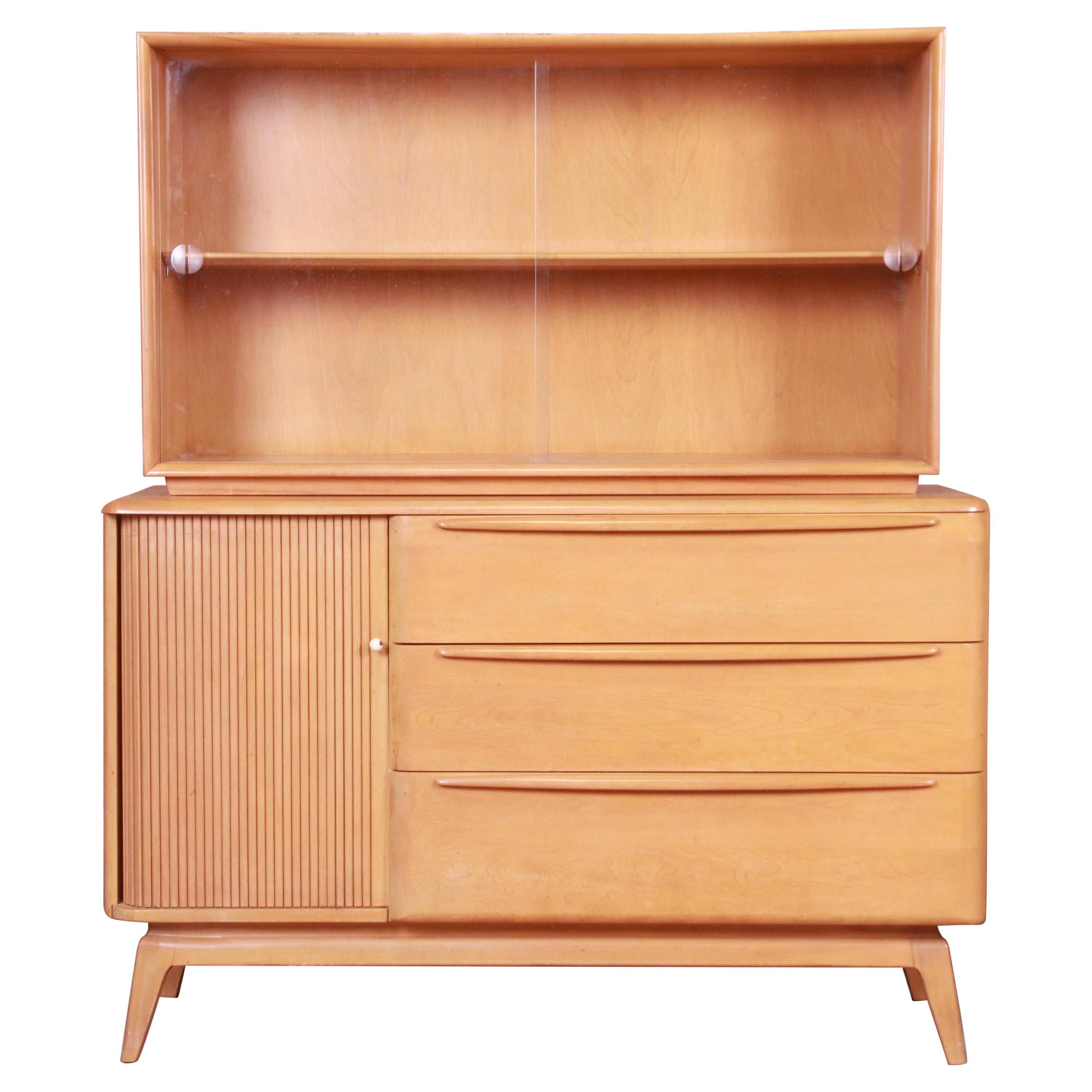 Heywood Wakefield Maple Tambour Door Sideboard Credenza with Hutch Top, 1950s