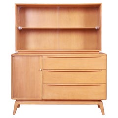 Vintage Heywood Wakefield Maple Tambour Door Sideboard Credenza with Hutch Top, 1950s