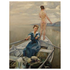 Wilhelm Hempfing, "Ladies on a Lake" Painting