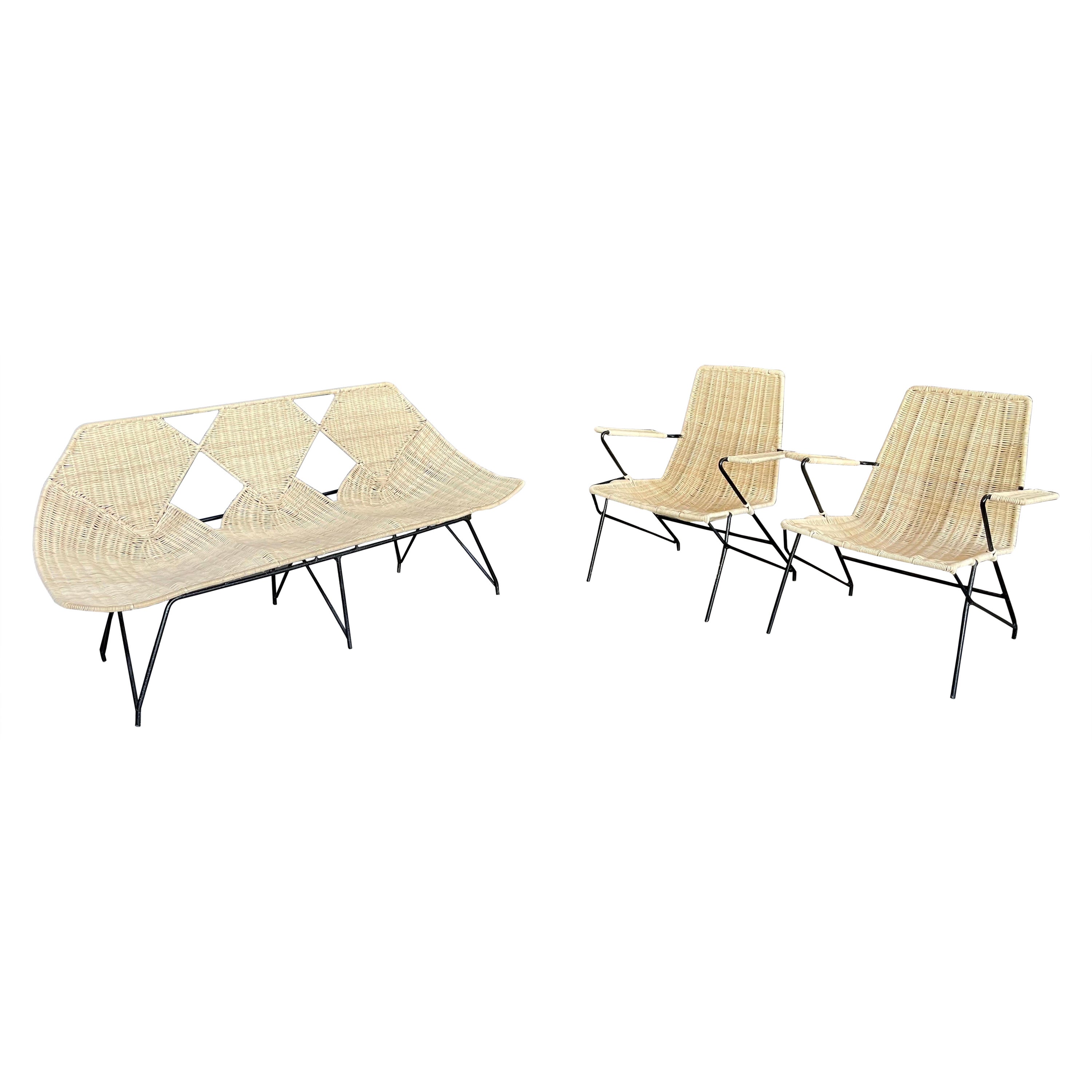 Set aus mexikanischen Eisen- und Rattan-Loungesesseln und Sofa